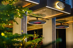 Bromic Eclipse Electric heaters ceiling mounted on short straight poles at the Mandarin Oriental Hotel terrace