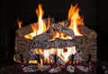 Real Fyre Cinder Oak vented gas log set burning in fireplace