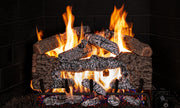 Real Fyre Cinder Oak vented gas log set burning in fireplace