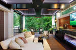 Bromic Tungsten Electric outdoor heaters in black mounted over a covered patio seating area