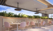 Bromic Eclipse Electric pendant heaters with 24 inch twin poles warming an outdoor commercial dining terrace