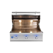Atlas 36 inch built-in gas grill, hood open showing cooking surface