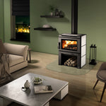 Modern living room with a fireplace and decorative elements.